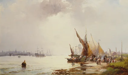 Fischer am Ufer in einer ruhigen Mündung bei Tagesanbruch, 19. Jahrhundert